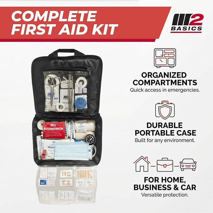 M2 BASICS 300 Piece Premium First Aid Kit w/Durable Bag for Home, Business | Office, Workplace, Car, Garage, Kitchen, Family, Classroom, Jobsite, Warehouse, School, Vehicle And Emergency Preparedness