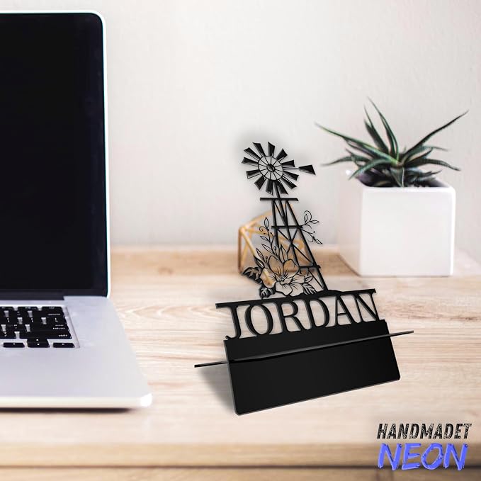 Personalized Farmhouse Windmill Phone Holder, Custom Name Metal Desk Stand, Natural Accessories Dock, Tablet, Smartphone Stands, Gifts For Friends, Home Lovers, Teens, Christmas