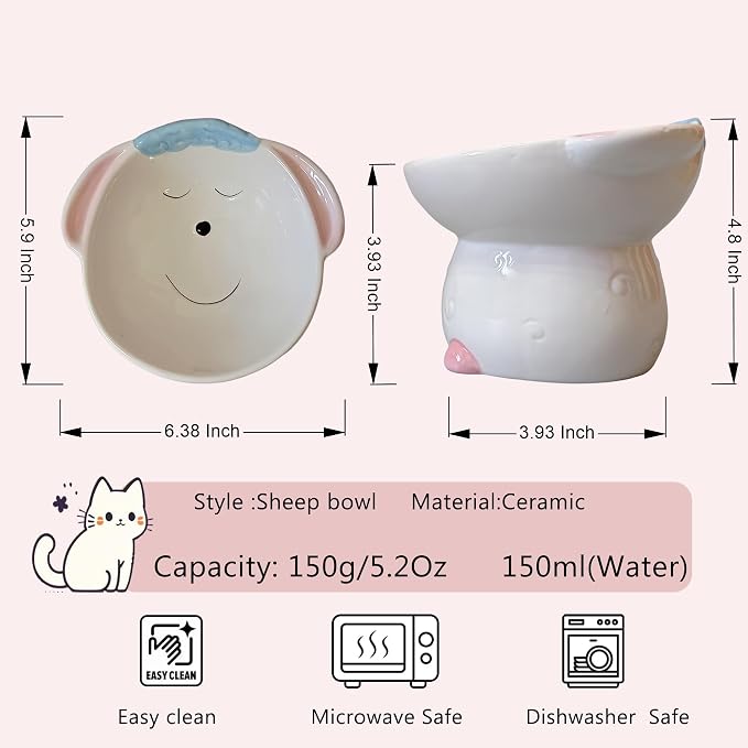 Cute Highland Cow Design Elevated Cat Bowl,Catoon Animal Dish - 15° Tilted Ceramic Pet Food Dish, Anti-Vomit for Cats/Dogs, Wide Mouth, Holds 150g Kibble