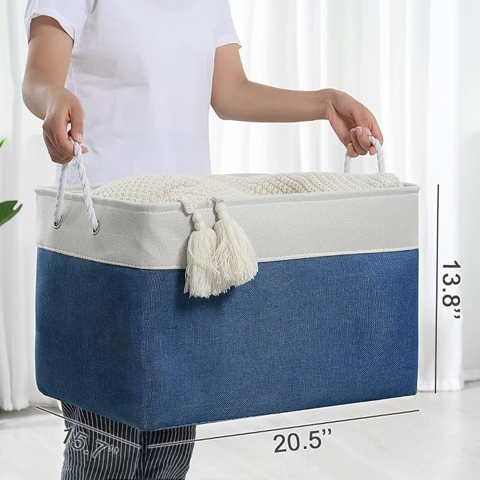 Organization and Storage Basket for Shelves - Jumbo 3 Pack 20x16x14 inch Collapsible Storage Bins for Organizing, Canves Storage Cubes for Gift Organizer Toys Closet (White & Jean Blue)