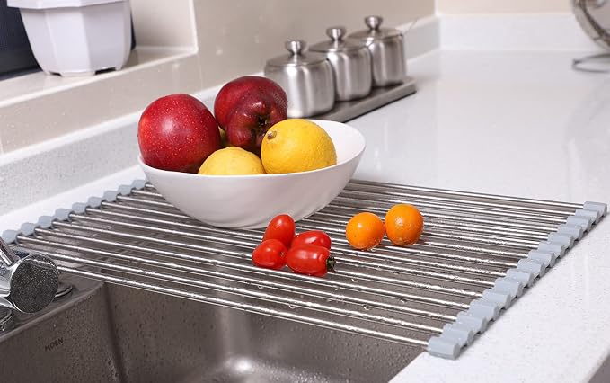 Ahyuan Roll up Dish Drying Rack Over The Sink Kitchen Roll up Sink Drying Rack Portable Dish Drainer Foldable Dish Drying Rack (Warm Gray, 17.8''X11.8'')