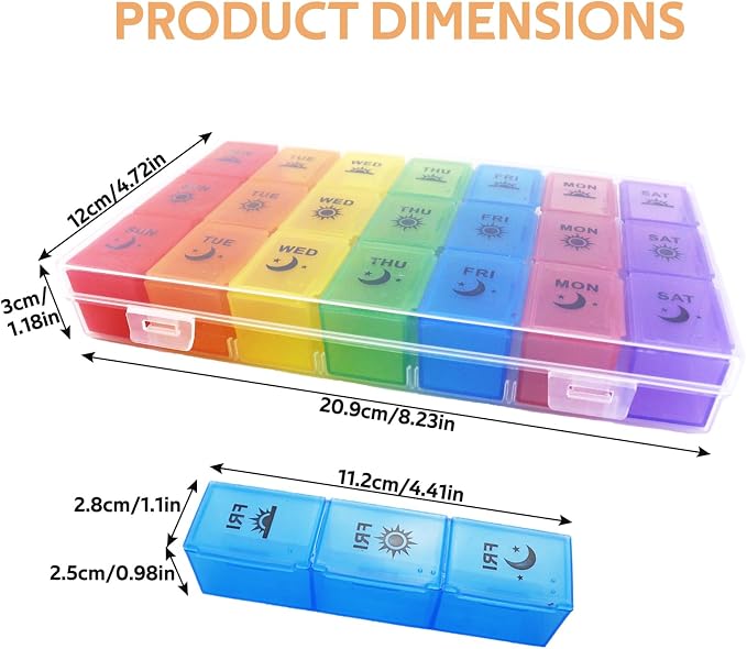 4PC Weekly Pill Organizer 3 Times a Day, 7-Day Moisture-Proof Pill Box with 21 Compartments, Portable Travel Container for Vitamins Fish Oil Compartments Supplements(Color)