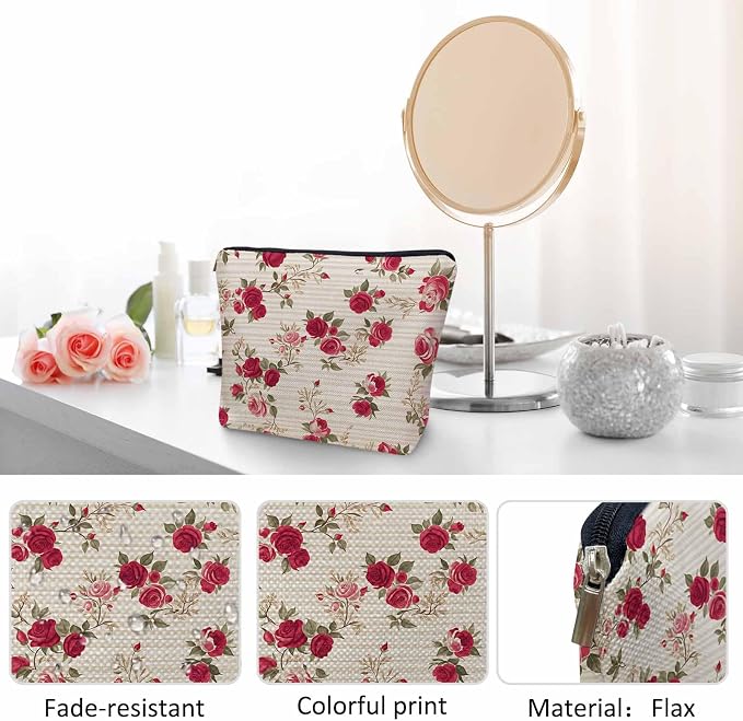 Makeup Bag For Purse Rose, Retro Floral Roses Red Cosmetic Bags For Women With Zipper Travel Toiletry Pouch Makeup Bags Makeup Organizers Purse For Toiletries Cosmetics