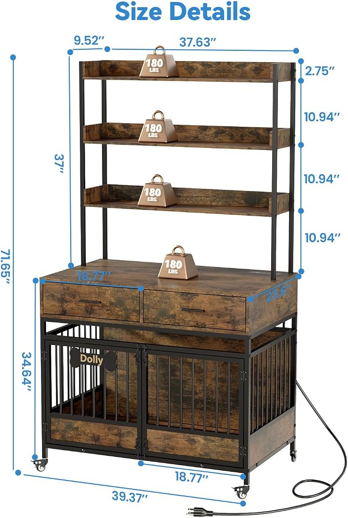 Petrova 40" Dog Crate Furniture with LED Light & 2 Storage Drawers, Heavy Duty Indoor Dog Kennel for Medium/Small Dogs, Wooden Dog Cage with Power Outlets, Charging Station, Lockable Wheels, Brown