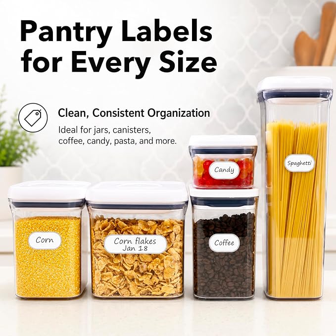 Waterproof Kitchen Labels for OXO POP Containers, 64-Pack, 2 Sizes | Removable Writable Food Storage Stickers, Tear-Resistant Pantry Organization Decals for Plastic and Glass Jars