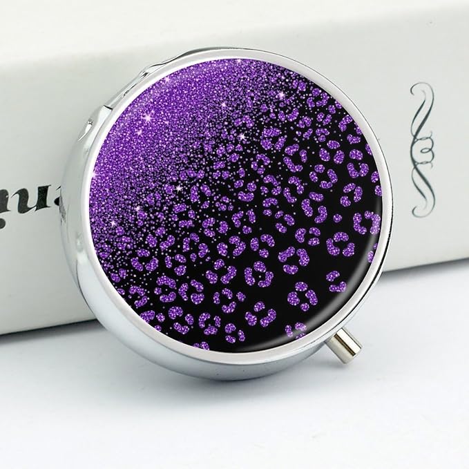 Mirror Top Round 3 Compartment Pill Box Pueple Glitter Cheetah Leopard Print Black, Cute Pill Organizer for Purse Pocket Vitamin Medicine
