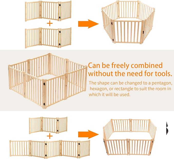 YOCAN Non-Painted Wooden Freestanding Dog Gates - 3 Panels L:69" H:16.9" | Pet Gate for The House,Doorways, Stairs,Wood Dog Fences Indoor Pet Gate,Step Over Fence
