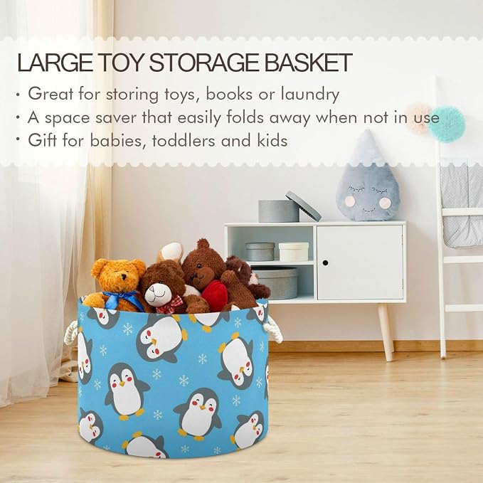 DOMIKING Large Storage Basket for Toys Christmas Snow Penguin Blue Pattern Storage Bin Box Organizer Basket for Laundry Hamper Kid's Room Baby & Dog Toy