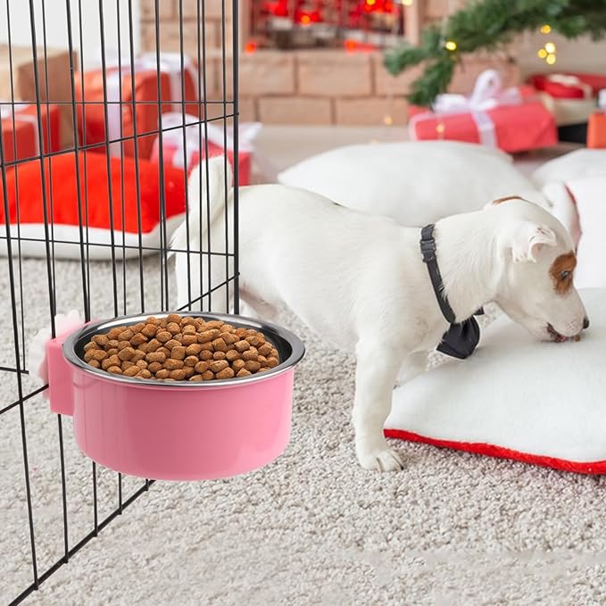 Hypeety Dog Crate Water Bowl No Spill - Hanging Attachable Pet Bowls for Kennel Durable Stainless Steel Food Water Dishes for Small Dogs Cats Rabbits Parrots with Non-Slip Base (Pink)