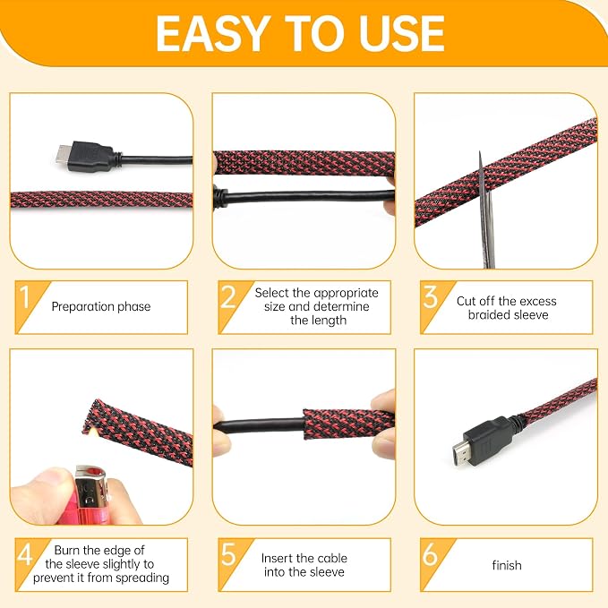 Braided Cable Sleeve 33ft, PET Expandable Wire Loom for Automotive Wiring Harness & PC Computer Case, Audio Video Cable Management System (Red~Black, 8mm (5/16"))