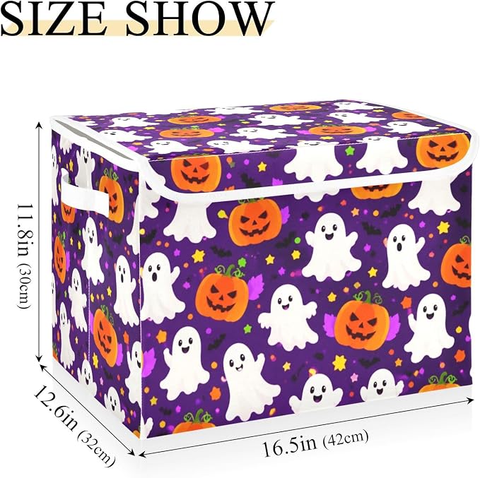 Halloween Pumpkin Storage Bins with Lids Closet Bedroom 40L Storage Basket | Decorative Storage Boxes, Foldable & Stackable, Dust-Proof Flip Top, Reinforced Handles, For Home & Dorm, Clothes & Toy Box