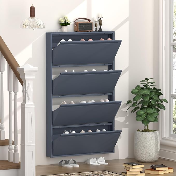 GREATMEET Shoe Cabinet with 4 Flip Drawers, Slim Metal Shoe Cabinet Storage for Entryway, Hidden Narrow Shoe Rack Organizer Cabinets Wall Mount for Living Room, Bedroom, Hallway, Blue