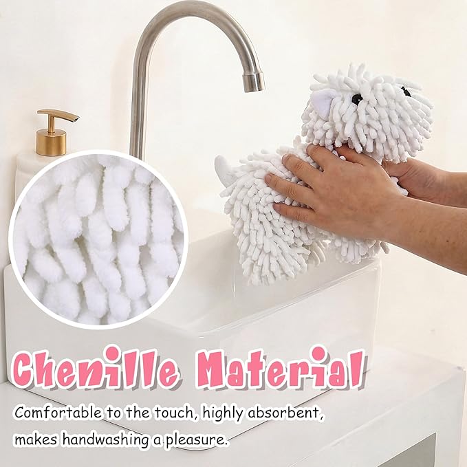 Tegeme 1 Pcs Chenille Dog Hand Towel Fuzzy Dog Towel Absorbent Microfiber Soft for Bathroom Kitchen Washstand (White)