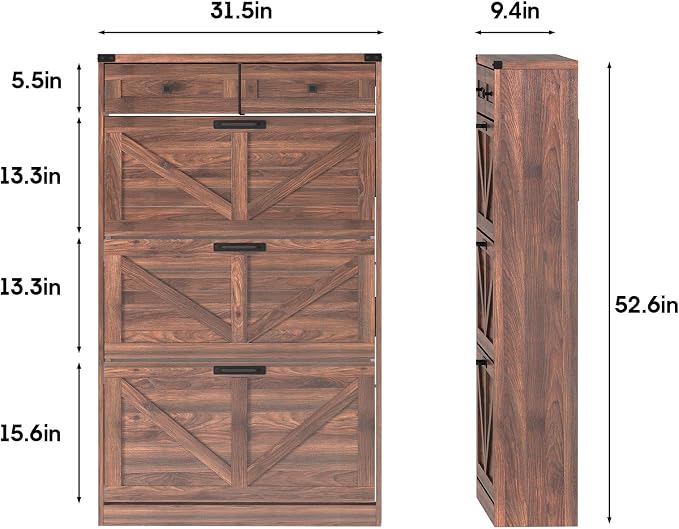 Halitaa Shoe Cabinet with 3 Flip Drawers & 2 Drawers,Freestanding Shoe Storage Cabinet for Entryway,Farmhouse Narrow Slim Organizer Rack for Foyer,Hallway,Dark Walnut