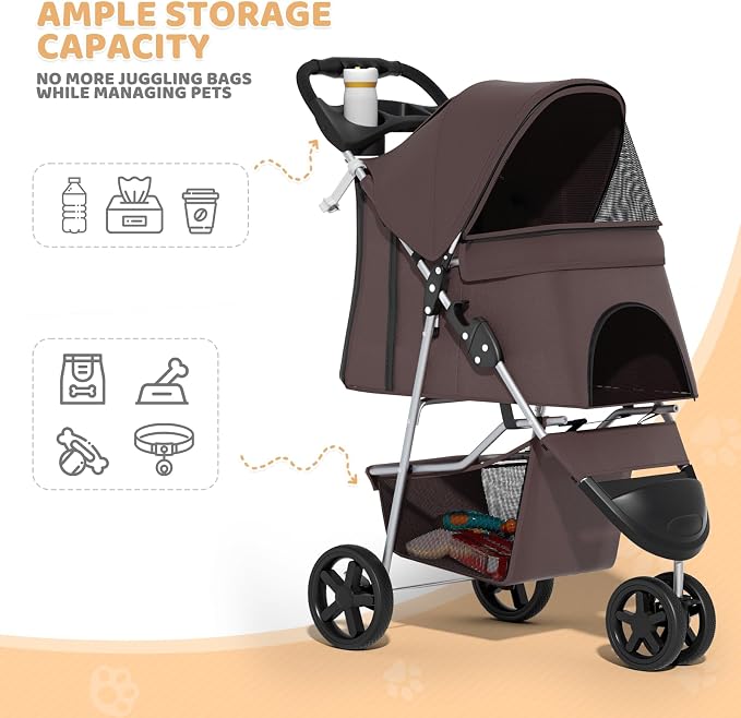 Magshion 3-Wheel Pet Stroller for Small/Medium Dogs & Cats, Up to 33lbs | Foldable Travel Jogger w/ Breathable Mesh Cover, Lightweight Design, Safety Tethers, Cup Holder & Storage Basket