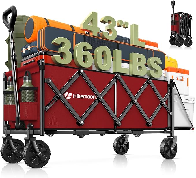 43'' Extra Long Folding Wagon with Extended Tailgate, Red | Wagons Carts Foldable, 360LBS Heavy Duty, Compact Portable, Utility Collapsible for Shopping/Beach/Garden/Camping/Sports
