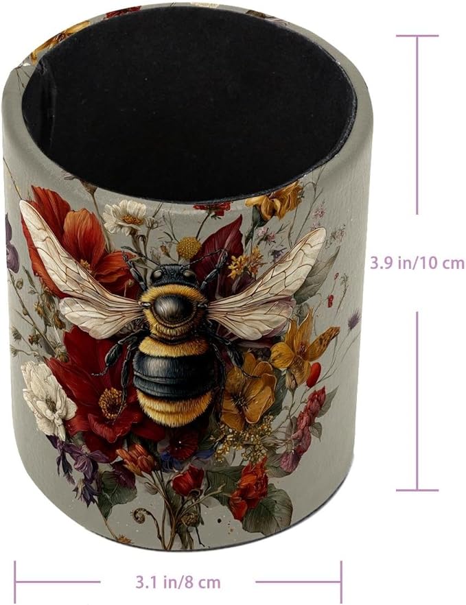 Faux Leather Pen Holder for Desk, Pencil Organizer Cute Bee Pen Cup Desk Decor Makeup Brush Holder Storage for Office Home