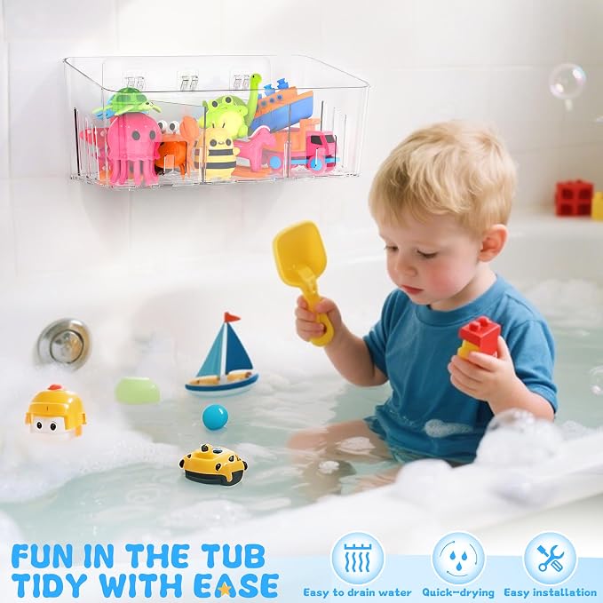 Bath Toy Storage 2 Packs, Large Bath Toy Holder - 3 Compartments, Quick-Dry | BPA-Free Bathtub Toy Organizer, Wall-Mounted Adhesive Shower Caddy, Bathroom Toy Basket & Bin for Baby, Toddler, Kids, Clear