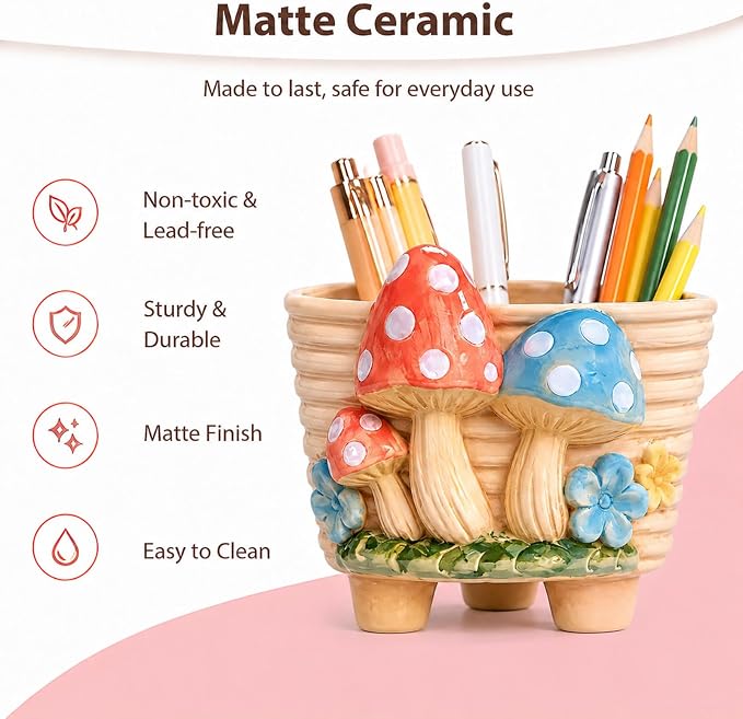 Ceramic Mushroom Shaped Pen Pencil Holder for Desk Decoration Accessories Mushroomb Decor Makeup Brush Pen Cups Office School Ideal Gifts for Women, Mom or Birthdays