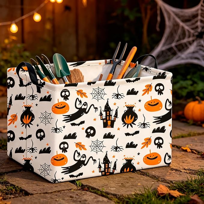 CLOCOR Rectangular Storage Basket,Waterproof Books Box with Handles,Gift Basket(Castle Halloween)