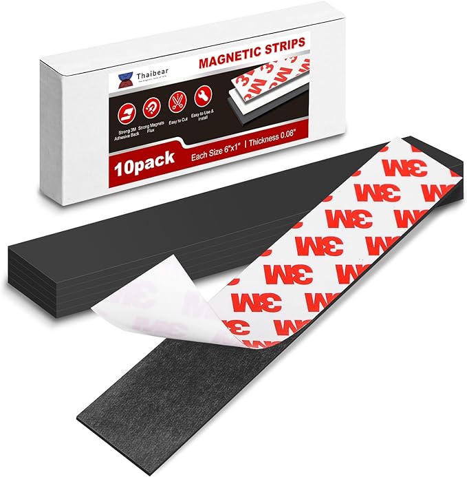 Magnetic Strip, Flexible Magnetic Strips with Adhesive Backing (10 Pack, 6" x 1") Strong Sticky Magnetic Tape for Kitchen, Garage and Garden - Adhesive Knife Magnet Tape Strip Holder Strip for Wall