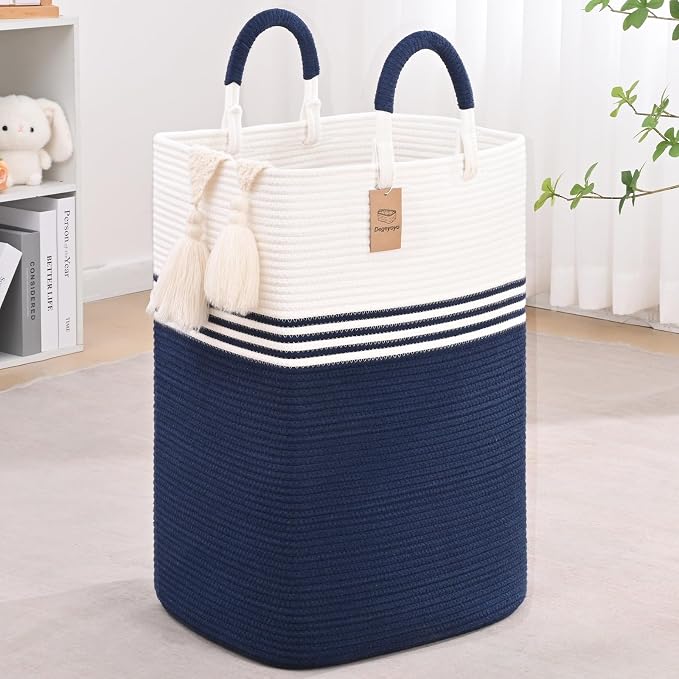 Laundry Basket Hamper,Blanket Storage,Dirty Clothes Hamper with Swivel Handles,Woven Cotton Rope Toy Baskets,Blanket Basket Living Room,Decorative Hampers for Nursery,Bedroom,White & Blue,80L