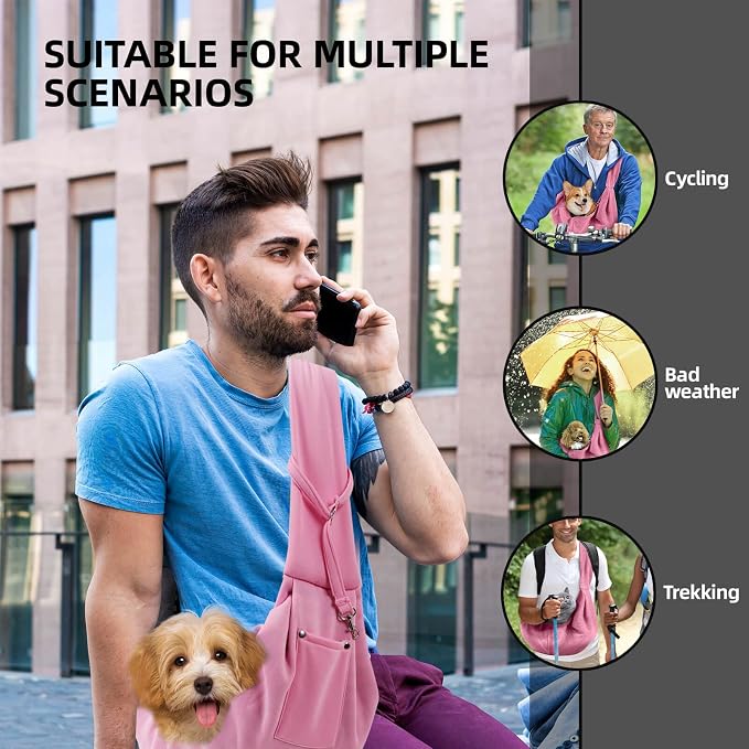 ARZQUT Dog and Cats Carrier Sling, Small Pet Carrier with Storage Pocket | Reversible Puppy Sling Carrier, Safety Buckle, Storage bag, Machine Washable for Travel, Outdoor Activitie, Hand-Free, Pink