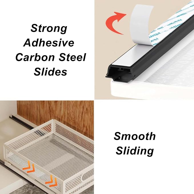 Slide-Out Storage Baskets W9.4"xD11.8"xH6.1" Rustproof Carbon Steel pull out Organizers with Super Strong Adhesive for Home Kitchen Drawers, Shelves, Cabinets