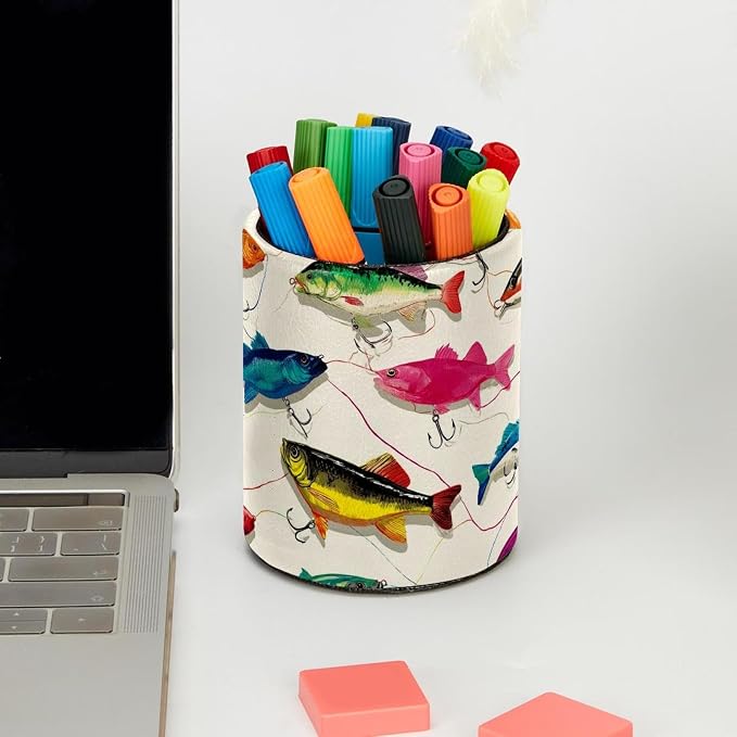 Faux Leather Pen Holder for Desk, Pencil Organizer Fish Pen Cup Desk Decor Makeup Brush Holder Storage for Office Home