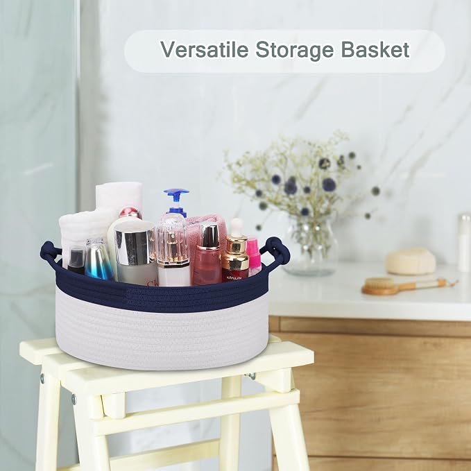 COMSE Small Gift Basket Empty with Bag & Ribbons, Navy Blue & White | Cotton Rope, 12"x 8"x 5", Pet Toy Storage Organizer, Woven Basket for Birthdays, Baby Showers, Mother’s Day, Valentine’s Day