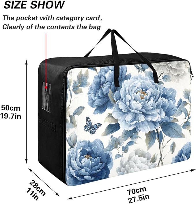 Comforter Storage Bags Large Folding Blanket Organizer Bag with Strong Handles Clear Window Closet Storage Containers for Clothes King Queen Pillows Bedding Quilt Duvet Butterfly Peony Flower B