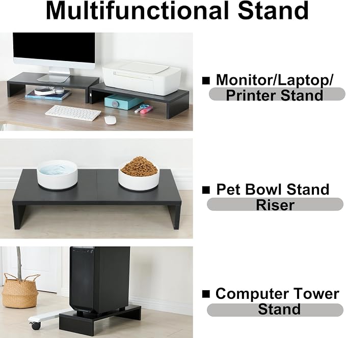 TEAMIX 2-Pack Monitor Stand Riser 20 inch, Wood Desk Computer Shelf, Black | For 2 Monitors, Laptop, Printer, TV, PC Tower, Full Keyboard Storage Underneath, Desk Organizer for Home Office, Gaming Setup