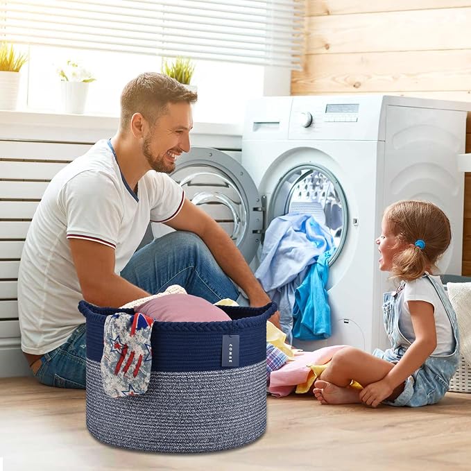 COMSE XXXLarge Woven Blanket & Laundry Basket, 87L, Navy Blue | 21.7" x 13.8", Cotton Rope, Nursery Hamper for Storage of Toys Clothes Towels, Ideal for Living Room Bedroom Bathroom
