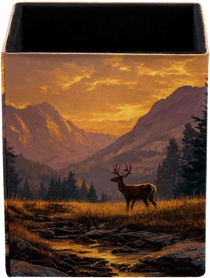 Sunset and Deer Pen Holder for Desk Decor, Rectangular PVC Leather Pencil Cup for Desk Pen Organizer, Makeup Brush Holder for School, Home, Office