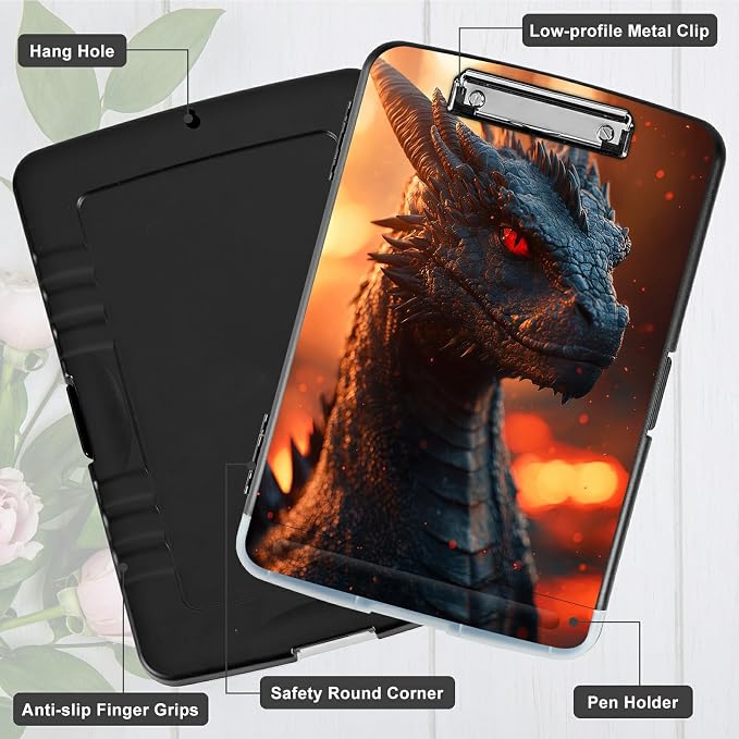 A4 Clipboard with Storage Pen Holder, Clipboards Organizer Nursing Clipboard Foldable File Folder Plastic Clipboard Folio Clip Board for Office Work Classroom Doctor, Red Eyed Dragon
