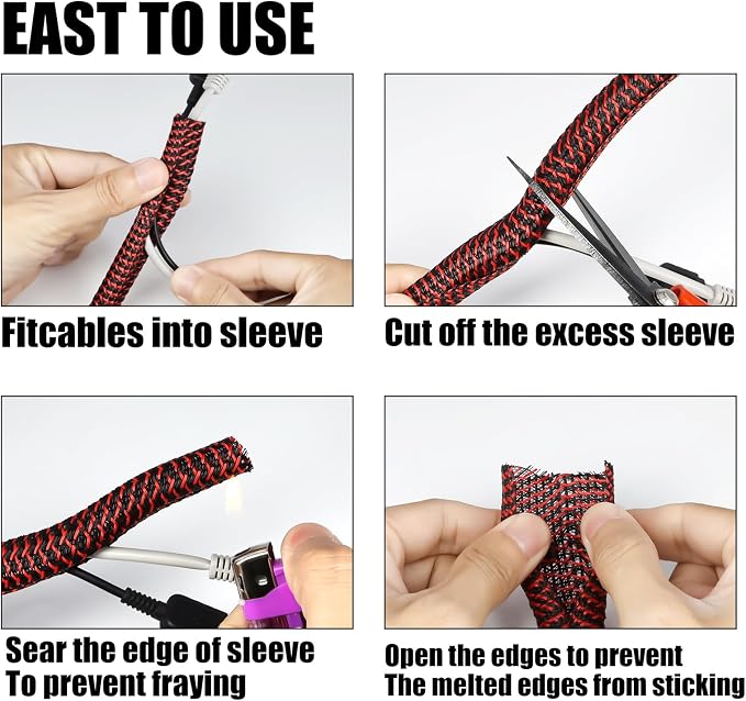 10ft PET Braided Cable Sleeve 3/4 inch(19mm) Wire Protector Cable wrap Wire Covers for Cords Cable Sleeves Cord Management Cable Management Sleeve(Red Black)