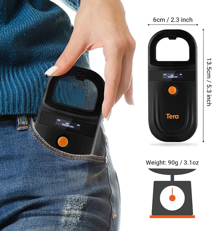 Tera Pet Microchip Reader with D-Ring RFID Portable Animal Chip ID Scanner with OLED Display Screen Rechargeable Data Storage Tag Scanner EMID FDX-B(ISO11784/85) for Dogs, Cats & Animal Management