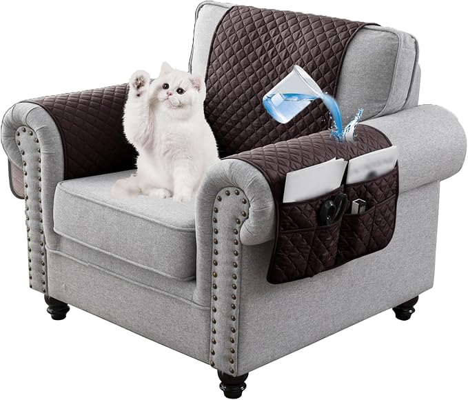 Water-Resistant Sofa Armrest and Headrest Covers with Side Pocket | Keep remotes close quilted polyester helps guard against wear, pet scratches, and kids' messes silicone backing adds grip
