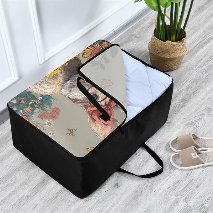 Comforter Storage Bags Large Folding Blanket Organizer Bag with Strong Handles Clear Window Closet Storage Containers for Clothes King Queen Pillows Bedding Quilt Duvet Grey Easter Bunny and Wi