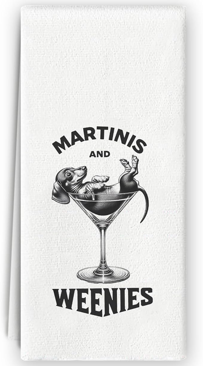 Funny Dachshund Kitchen Towels, Wiener Dog Lovers Home Bar Towels, Martinis Lovers Gifts, Dachshund Decor, Dog Hand Towels 16x24, Martini and Weenies