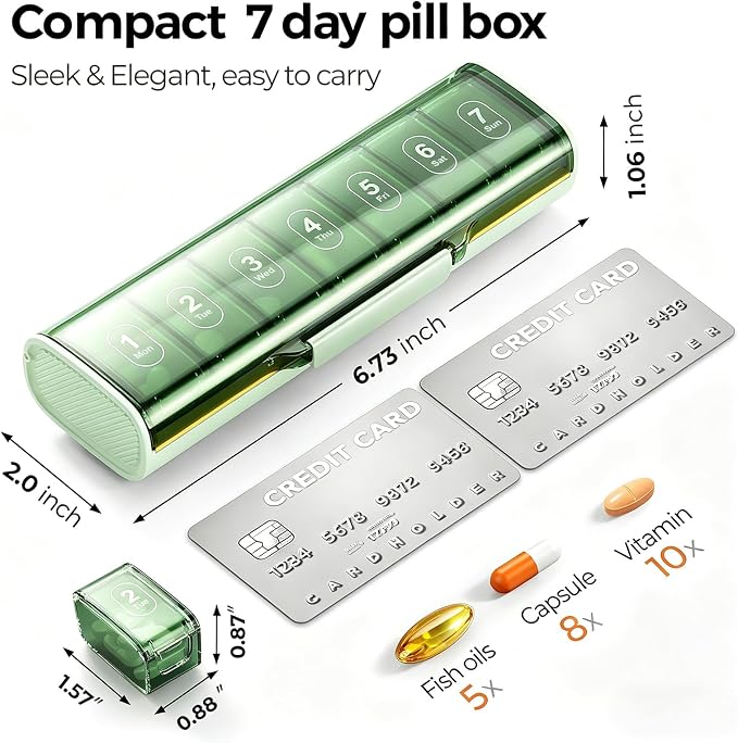 Weekly Pill Organizer,Portable 7 Day Pill Box,Moisture Proof Medicine Pill Organizer,Travel Pill Case with BPA-Free Material,Pocket-Size for Supplements & Vitamins (Green)