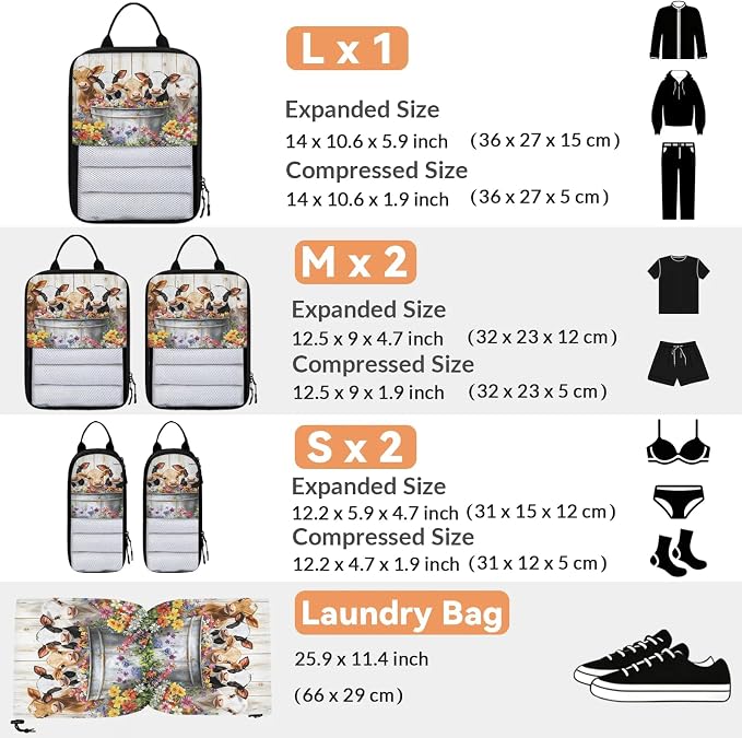 Cute Cow 6 Set Compression Packing Cubes Farmhouse Rustic Cow Flower Expandable Packing Organizer for Travel Accessories Luggage Suitcase Bag