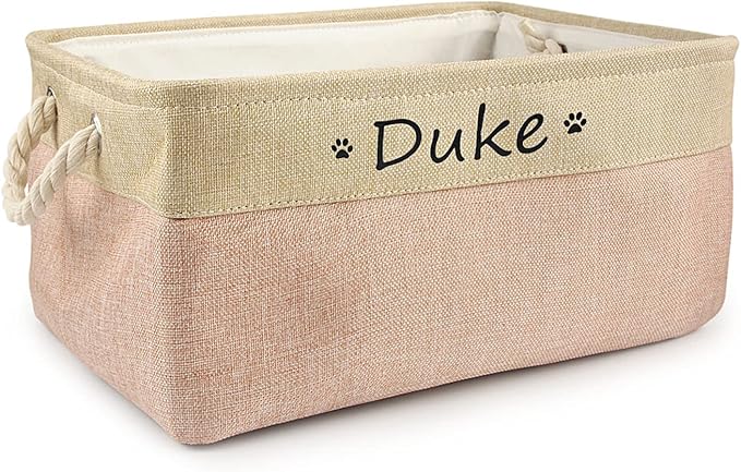 Personalized Dog Toy Basket with Name,Custom Dog Toy Basket,Paw Prints Pet Food Storage Container,Dog Toy Box for Small Dogs,New Puppy Supplies (Pink,L 41X32X21cm)
