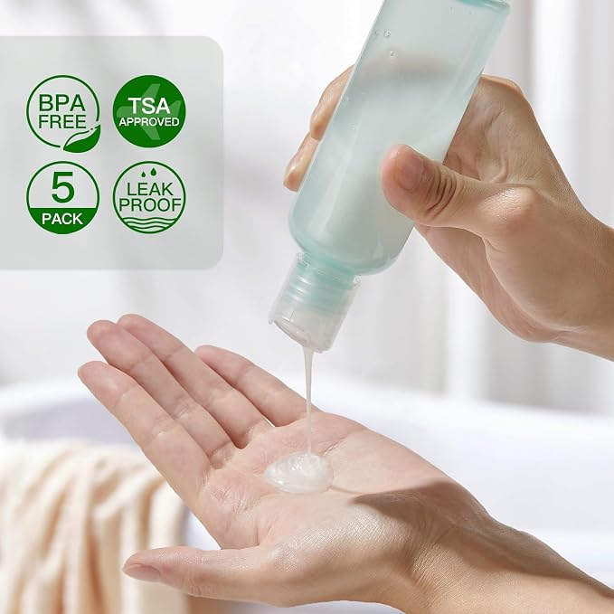 Travel Bottles for Toiletries, 3.4 oz Travel Size Containers, 5pcs, Bgreen | Squeezable empty plastic bottles, TSA approved, leak proof, with labels, for liquids & shampoo lotion, gym essentials