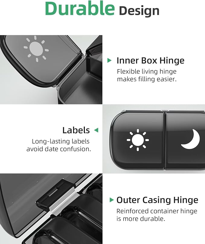 PULIV Weekly Pill Organizer 2 Times a Day, One-Side Opening for Easy to Use | Travel Pill Case for Vitamins, Medication, Supplements, Fish Oils, AM PM Pill Box, Black Privacy Protection