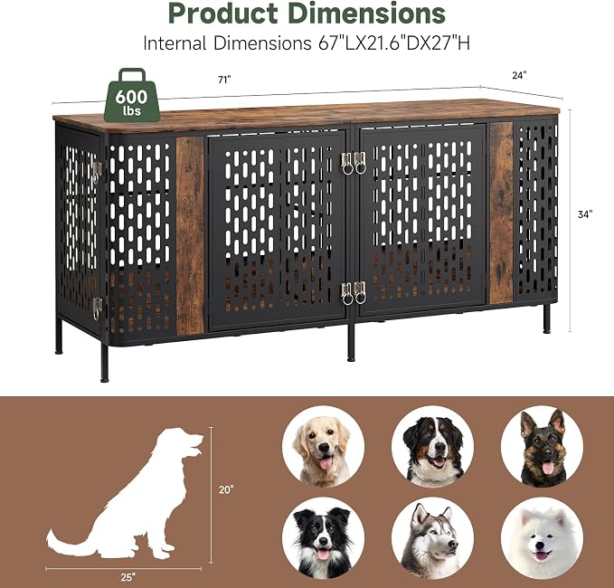 71” Double Dog Crate Furniture, Large Dog Kennel Furniture | 350 lb Weight Capacity, for 2 Dog, TV Stand, Removable Divider, Indoor Use, Heavy Duty Wooden Dog Cage