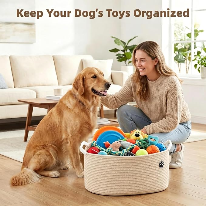 Optish 40L Extra Large Dog Toy Basket, 20" x 14" x 9" XL Toy Storage Box and Bin with Handles, Woven Cotton Rope Foldable Basket for Blankets, Living Room, Bedroom, Home Decor, Camel