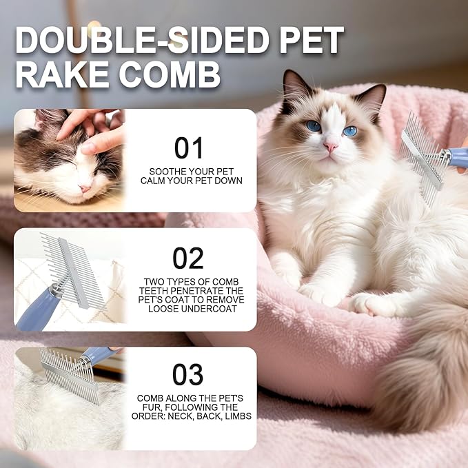 Blue Pet Double-Sided Row Undercoat Rake Comb with Handle Dog Dematting Comb for Shedding Fine Tooth Comb Pet Grooming Tool for Long-Haired Dogs Cats Gentle Remove Loose Hair Knots Tangles