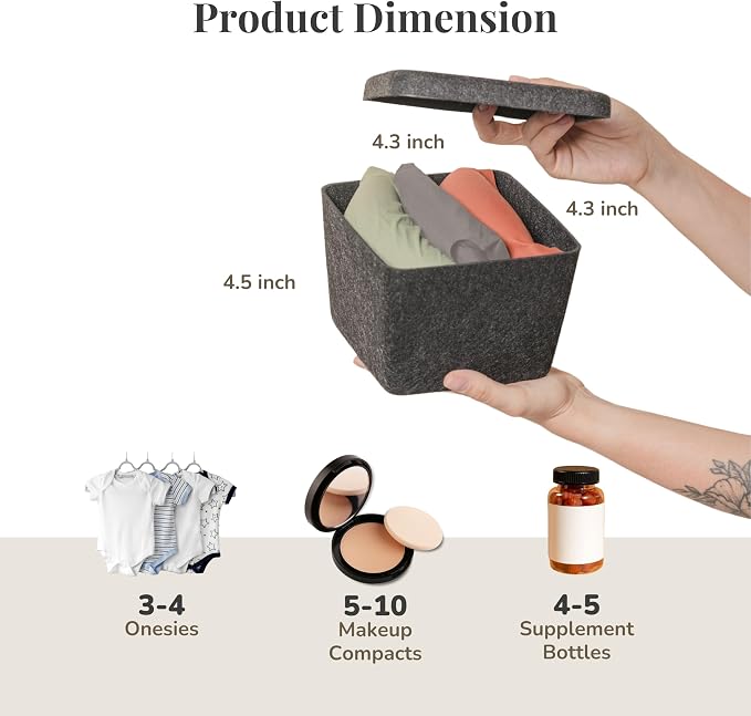 SortJoy The Sculpted Bin - Petite with Lid Set of 3 Storage Bin Felt Storage Basket Drawer Organizer Clothes Closet Cabinet Bathroom, Pantry, Kitchen Bin: 6.3" x 6.3" x 4.5" (Carbon, Dark Grey)