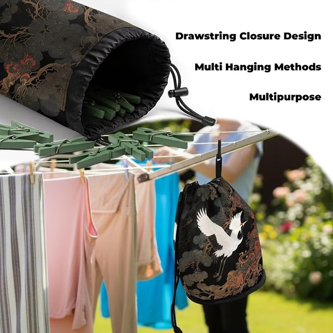 Laundry Clothespin Bag Organizer, White Crane Pine Tree Storage Pouch with Hanging Loop, Portable Clips Holder for Drying, Camping, Beach, Dorm Room Essentials
